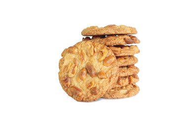 pile peanut cookies on white background.