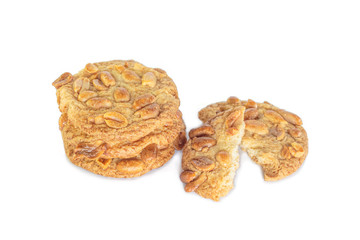 peanut cookie broken on white background.