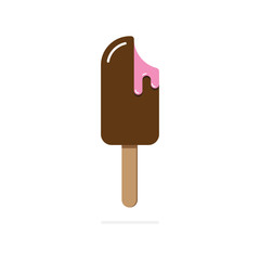 Ice cream on stick chocolate icing pink stuffing bitten vector illustration cartoon style