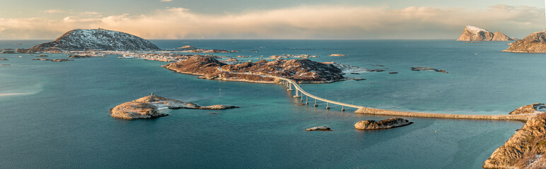 Panoramic view of Sommaroya with bridge and archipelago near town Tromso, Norway