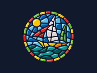 Fototapeta premium Vector mosaic. Round landscape illustration. Can be used for application on Souvenirs, dishes, packaging, as well as for stained glass, panels, textiles, and so on.