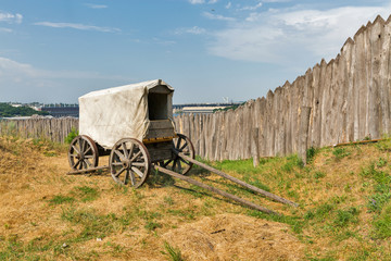 Zaporozhskaya Sich buildings on Khortytsia island, Ukraine.