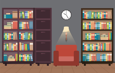 Library Room Interior Stack of Book on Bookshelf Flat Design