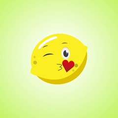 Yellow Cartoon Symbol lemon sending an air kiss. Cute smiling lemon icon isolated on green background