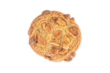 single peanut cookie on white background.