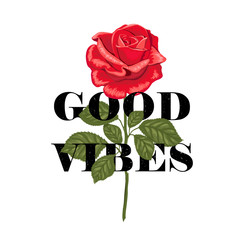 Typography slogan Good vibes in flower rose.