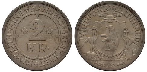 Denmark Danish Greenland coin 2 two kroner 1922, local issue for town of Ivigtut, cryolite mines, shield with bear on hind legs, hack, hammer, spade and pick flank, Mercury’s winged hat at top,