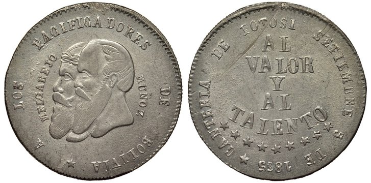 Bolivia Bolivian Melgarejo coinage silver coin 1/2 half melgarejo 1865, jugate heads of Melgarejo and Munos left, legend and stars,
