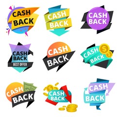 Cash back stickers and banner set. Money icons and tags for cash back isolated on white background. Vector illustration