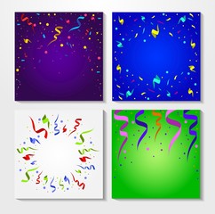 Set of greeting banners with confetti. Congratulations backgrounds set. Vector confetti set.