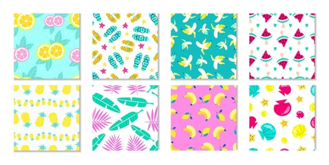 Fototapeta na wymiar Big collection of summer patterns. Tropical backgrounds with leaves and flowers. Summer prints and patterns with fruits, seashell and tropical elements in flat and cartoon style. Vector illustration