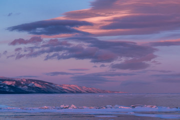 Winter sunset over the coast of Lake Baikal