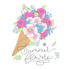 Summer print with ice-cream, flowers and lettering inscription "summer flowers". Floral print design for t-shirts, textile, cards etc. Vector illustration