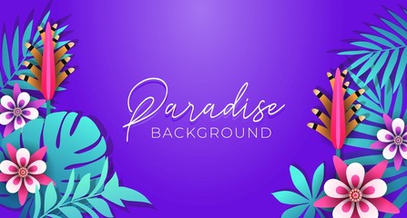 Summer background with tropical leaves and flowers. Floral poster for summer party, greeting card or invitation. Vector illustration