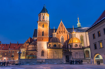 Fototapeta na wymiar Wawel cathedral illuminated at winter night, Krakow, Poland