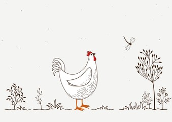 Card with isolated cartoon rooster and dragonfly