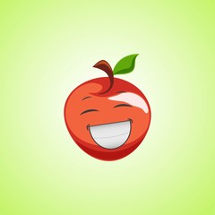 White laughing cartoon red apple symbol. Cute smiling apple icon isolated on green background