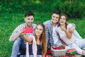 Happy young friends having picnic in the park.They are all happy,having fun together.Make a selfie.All person smiling