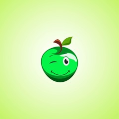 Green simple winking character cartoon apple. Cute smiling apple icon isolated on green background