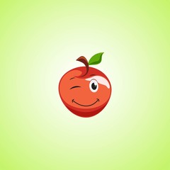 Red simple winking character cartoon apple. Cute smiling apple icon isolated on green background