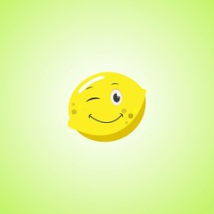 Yellow simple winking character cartoon lemon. Cute smiling lemon icon isolated on green background