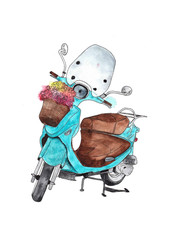 Blue scooter with basket of flowers watercolor illustration