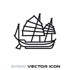 Chinese Junk sail ship vector line icon
