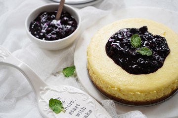Homemade blueberry Cheesecake, selective focus