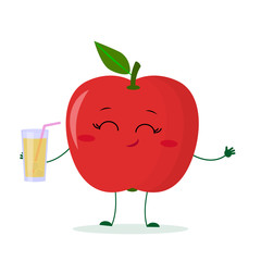 Cute red apple cartoon character holding a glass with juice. Logo, template, design. Vector illustration, flat style