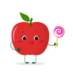 Cute red apple cartoon character with lollipop. Logo, template, design. Vector illustration, a flat style