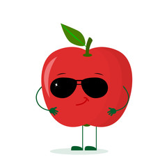 A cute red apple character in the style of a cartoon in sunglasses. Logo, template, design. Vector illustration, a flat style