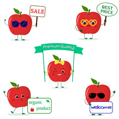 A set of five red apple Smiley in cartoon style. With different plates and glasses. Logo, template, design. Flat, Vector illustration