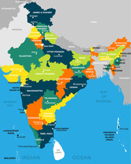 illustration of detailed map of India vector, Asia with all states and country boundary