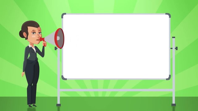 Cartoon Situation Emma Character Cute Business Woman Speaker Speaks into Megaphone with White Board Animation with Alpha Channel
