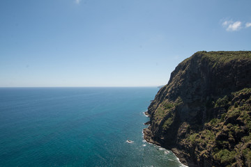 High and mighty cliffs of Mercer Bay at the volcanic east coast of Auckland, New Zealand