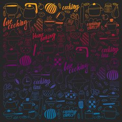 Vector set of pirates children's drawings icons in doodle style. Painted, colorful, gradient pictures on a piece of paper on blackboard.