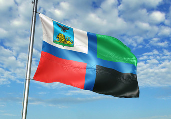 Belgorod Oblast region of Russia flag waving sky background 3D illustration