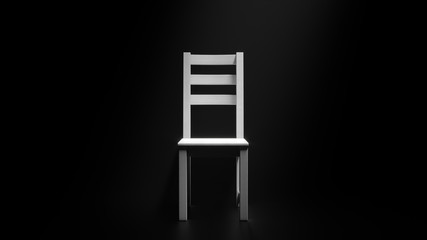 Empty wood white chair in the beam of light on black background. Minimal 3D illustration.