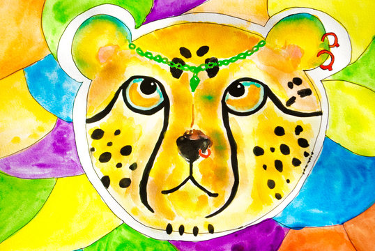 Cheetah watercolor illustration, drawn by hand