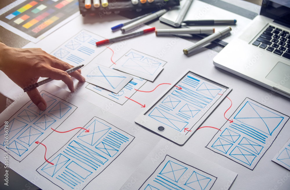 Poster ux graphic designer creative sketch planning application process development prototype wireframe for