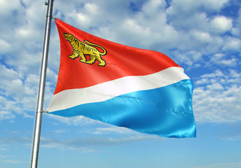 Primorskyi Krai region of Russia flag waving sky background 3D illustration