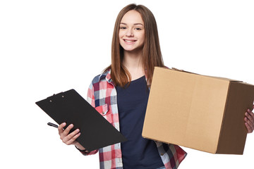 Smiling woman holding cardboard box and document signing sheet