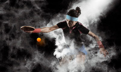 Portrait woman playing ping pong on smoke