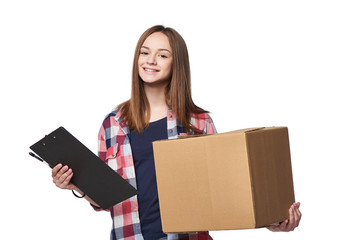 Fototapeta na wymiar Smiling woman holding cardboard box and document signing sheet