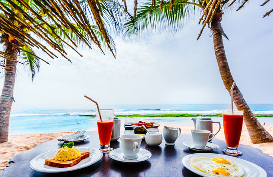 View on tropical breakfast at the beach of Tangalle in Sri Lanka
