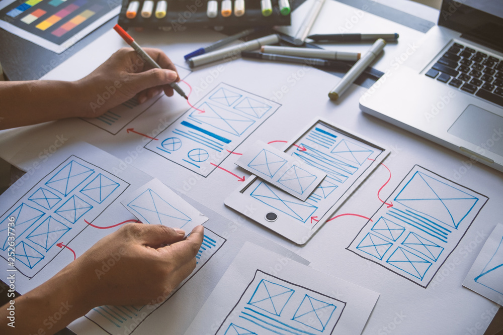 Poster ux graphic designer creative sketch planning application process development prototype wireframe for
