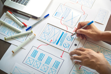 ux Graphic designer creative  sketch planning application process development prototype wireframe for web mobile phone . User experience concept.