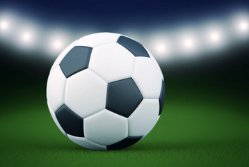 Soccer ball on green football stadium 3d render illustration.