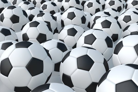 Background from soccer football balls, 3d render illustration.