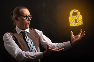 Funny nerd or geek showing security lock icon